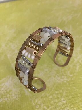 Gold Silver White Gray Beaded Cuff Bracelet —